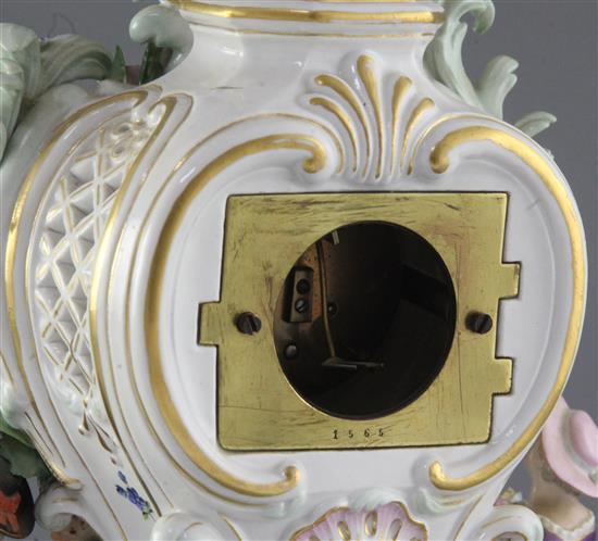 A Meissen porcelain mantel clock case, 19th century height 38cm, typical tiny losses
